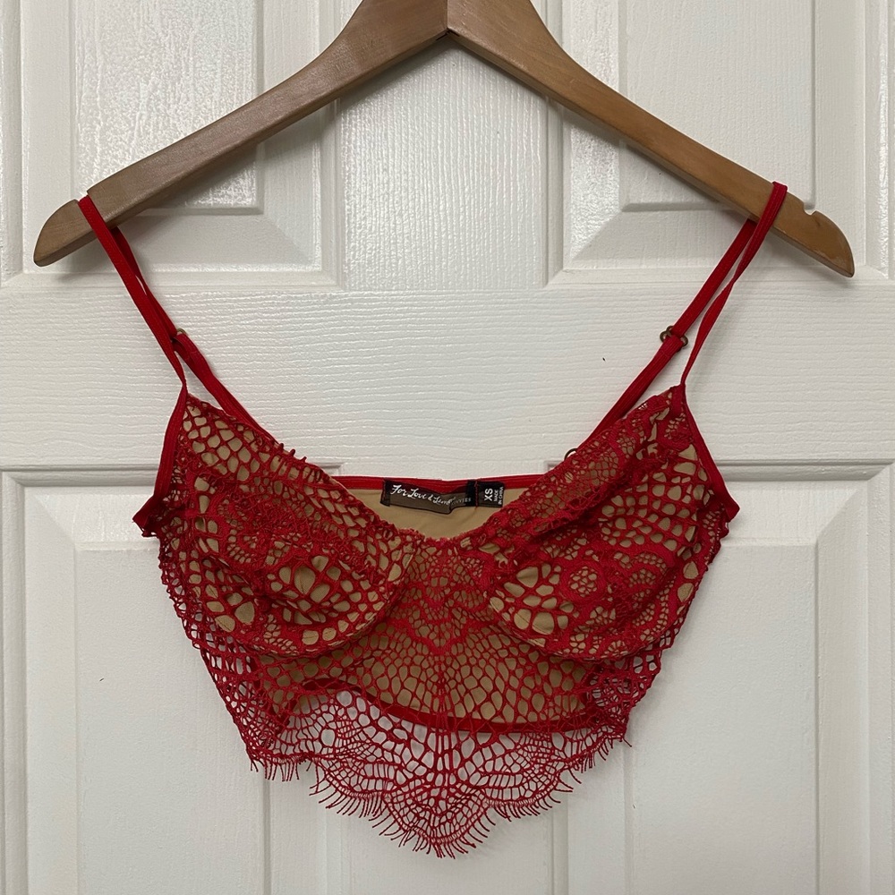 For Love and Lemons Bat your Lashes Skivvies Red Lace Mesh Bra